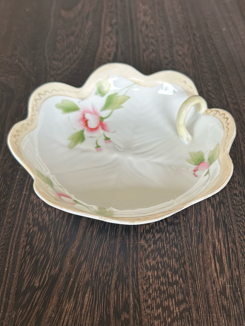 Antique Hand Painted Nippon Floral Candy Dish Pink Roses Gold Trim Japan